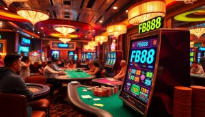 Experience the thrill of FB88 with players at a bustling casino table, showcasing excitement and strategic gameplay.
